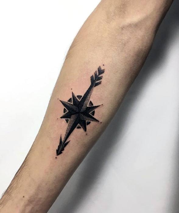 Inner Forearm Dotwork Nautical Star Manly Small Arrow Tattoo Design Ideas For Men