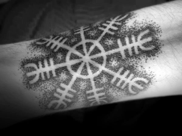 Inner Forearm Dotwork Negative Space Helm Of Awe Male Tattoo Ideas