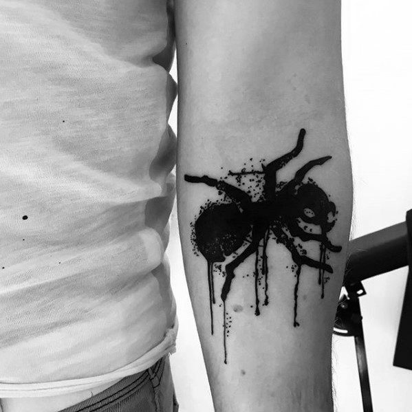 Inner Forearm Dripping Paint Ant Mens Tattoo Ideas