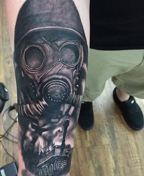 Inner Forearm Gas Mask Military Themed Mens Tattoo With War Tank