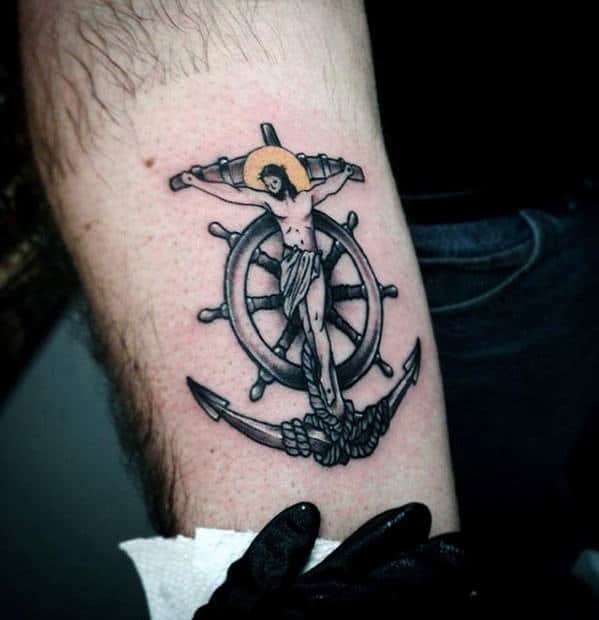 Inner Forearm Guys Jesus Anchor Cross Tattoo Designs