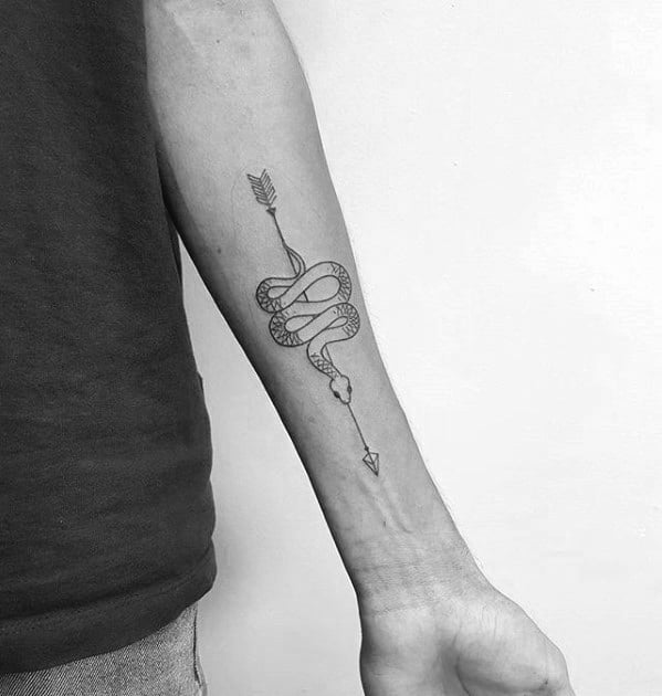 Inner Forearm Guys Simple Arrow Snake Tattoo