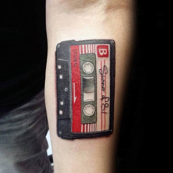 Cassette tape tattoo done on the inner forearm