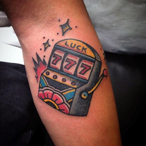Inner Forearm Lucky 777 Guys Slot Machine Tattoo Design Ideas