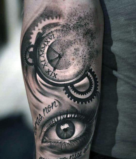 Inner Forearm Male Realistic Eye And Gear Tattoo Design