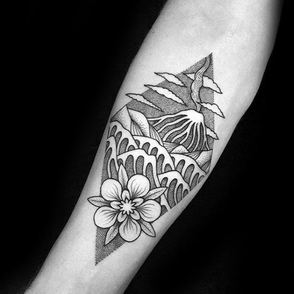 Inner Forearm Male Volcano With Flower And Ocean Waves Tattoo Design Inspiration