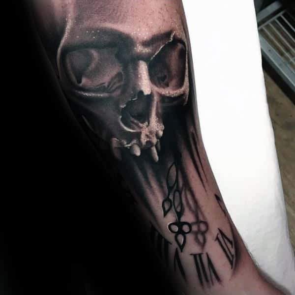 Inner Forearm Manly Mens Skull With Clock Tattoo