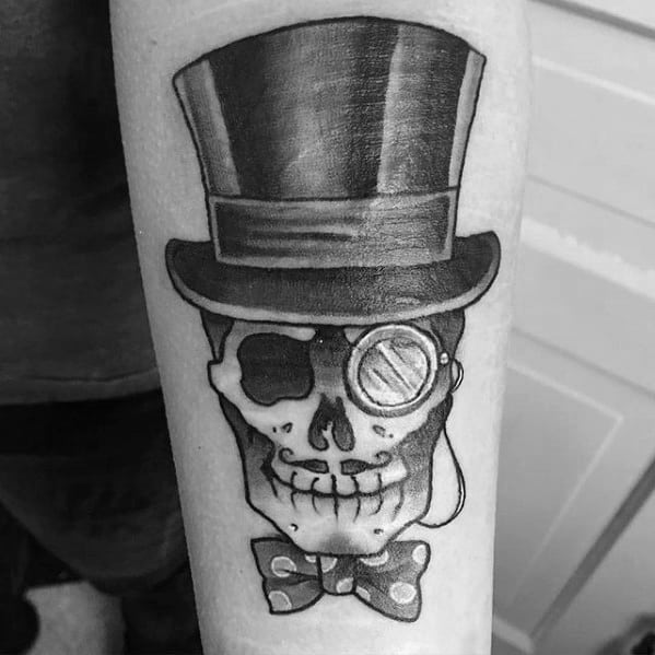 Inner Forearm Mens Skull With Top Hat And Bowtie Tattoo Ideas