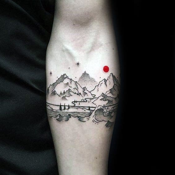 Inner Forearm Mountains Mens Tattoo Ideas With Red And Black Design
