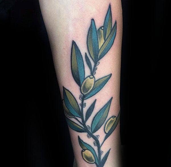 Inner Forearm Olive Branch Guys Tattoo With Green Ink Design
