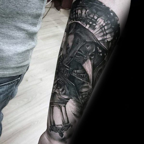 Inner Forearm Shaded Guys Plague Doctor Tattoos