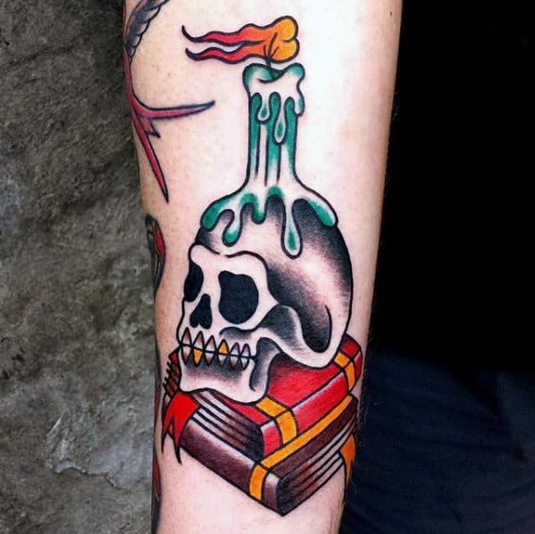Inner Forearm Skull Candle Traditional Tattoo Ideas For Men