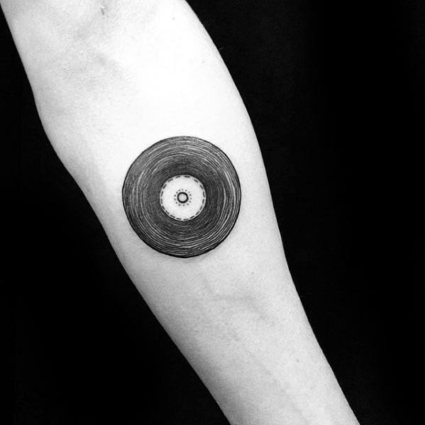 Inner Forearm Small Circle Vinyl Record Tattoo Ideas On Guys