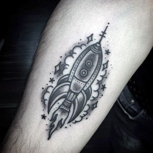 Inner Forearm Small Guys Rocket Ship Shaded Tattoo Designs