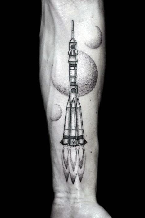 Inner Forearm Spaceship Blasting Off Into Space Mens Tattoo Ideas