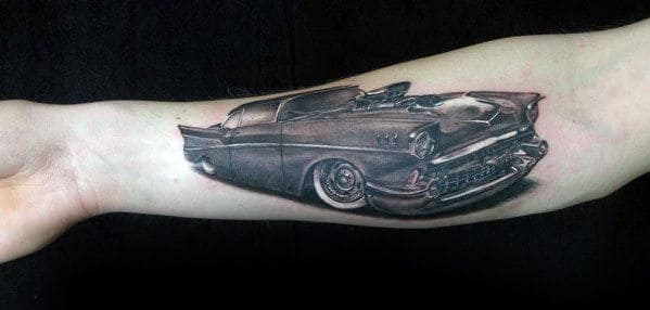 Inner Forearm Tattoo Of Classic Chevy Car For Guys