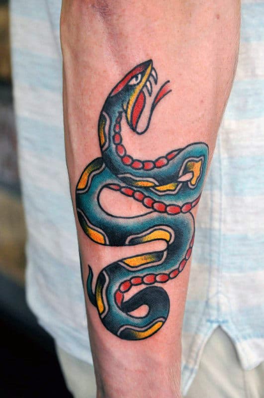 Inner Forearm Tattoo Of Snake Mens Traditional Design Ideas