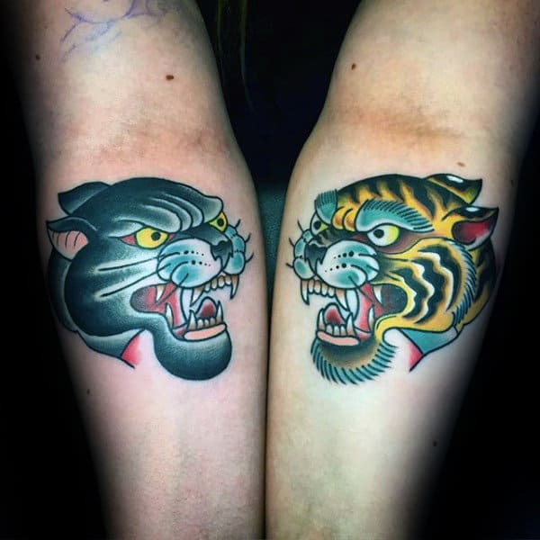 Inner Forearm Traditional Tiger And Black Panther Male Tattoos