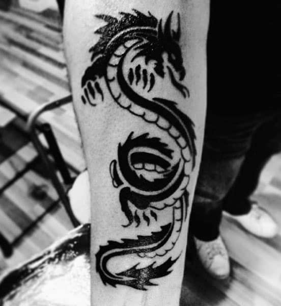 Inner Forearm Traditional Tribal Dragon Guys Tattoos