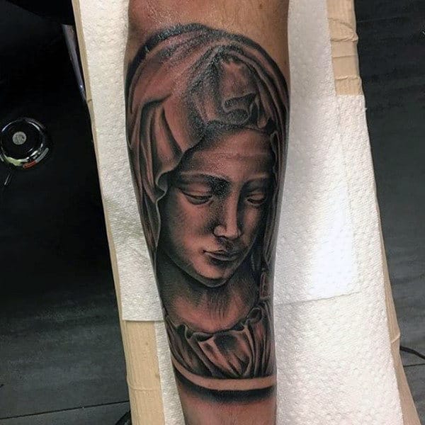 Inner Forearm Virgin Mary Male Tattoo Design Ideas