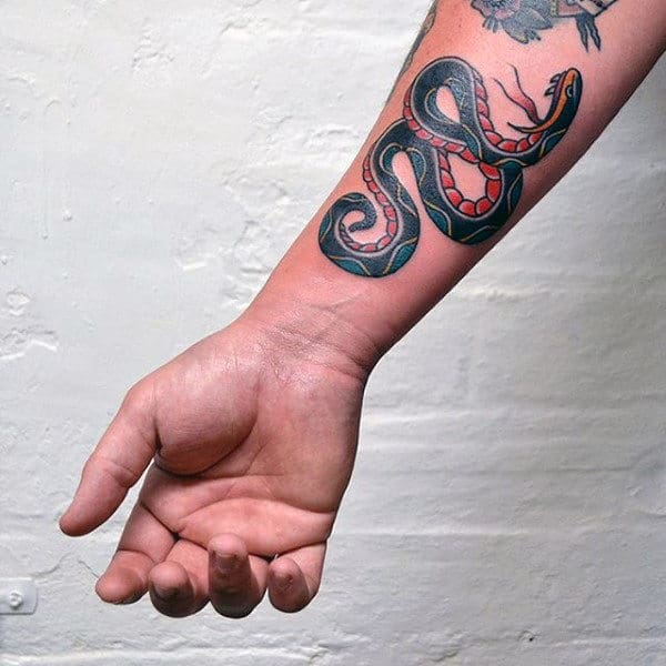 Inner Forearm Wrist Male Traditional Old School Snake Tattoos