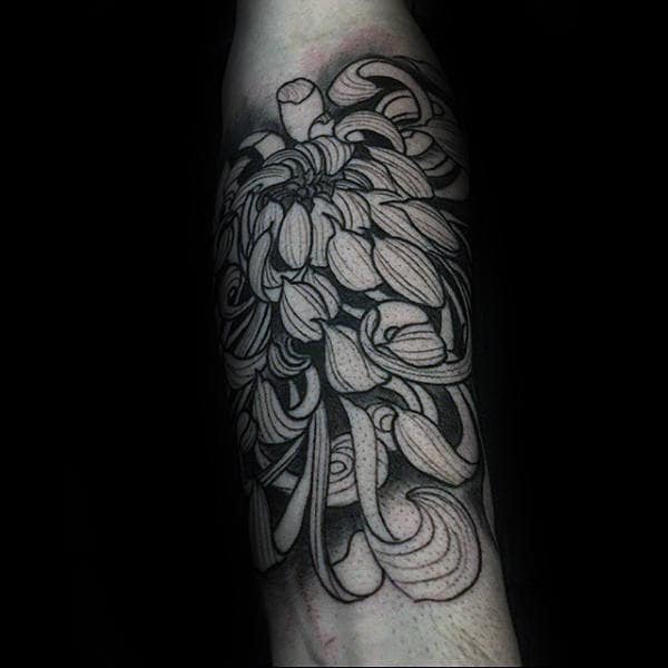 Inner Mens Forearm Tattoo Of Chrysanthemum Flower With Shaded Black Ink