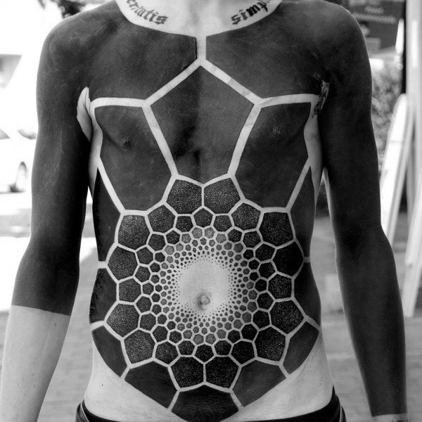 Insane Blackwork Mens Full Chest Factal Tattoos With Negative Space Design