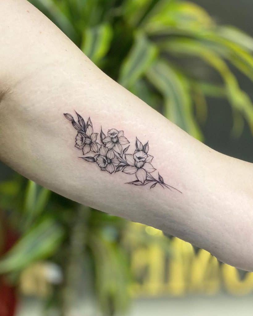 Inside Forearm Small String Of Linework Daffodils Delicate Tattoo