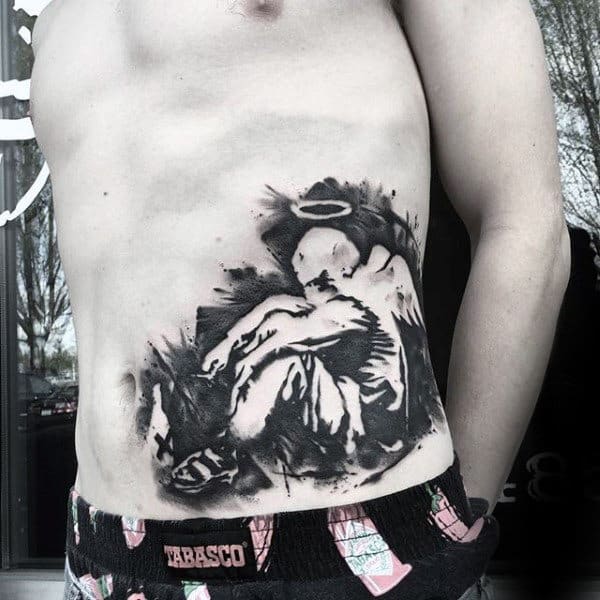 Interesting Graphical Tattoo Of Contemplating Person Mens Torso