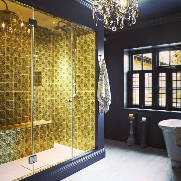 blue bathroom gold tile shower chandelier