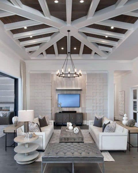 luxury white living room with chandelier