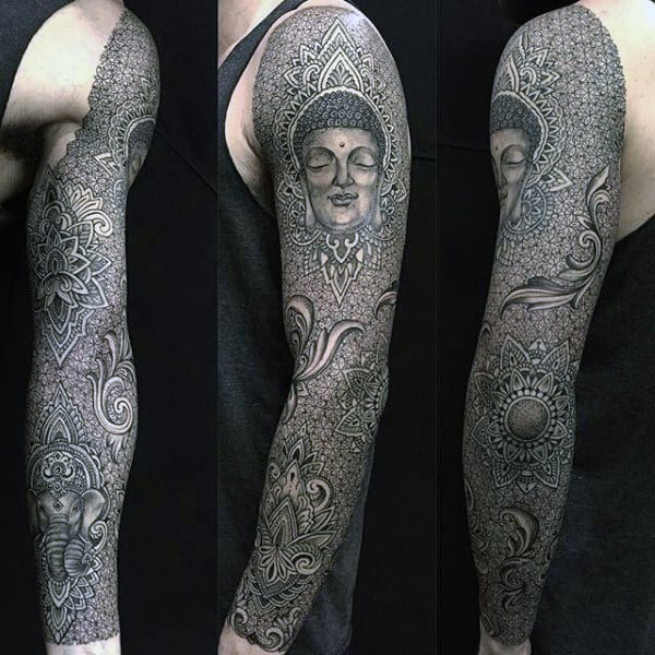 Intricate Artwork Religious Buddha Tattoo Male Sleeves