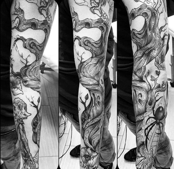 Intricate Gnome And Spider Tattoos On Sleeves For Males
