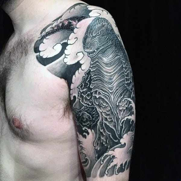 Intricate Godzilla In Ocean Tattoo Black And White Half Sleeve On Man