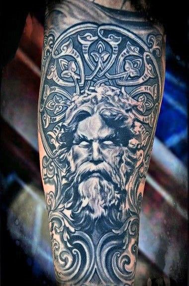intricate greek god pattern on arms for men
