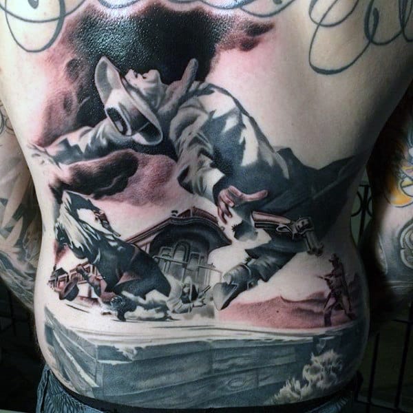 Intricate Shaded Tattoo Western Style Dying Man Large On Mans Back