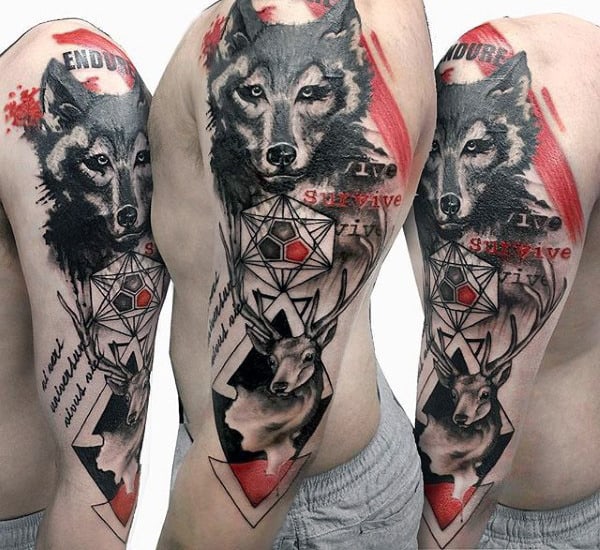 Intricate Wolf Sacred Geometry Tattoo On Males In Red And Black Ink