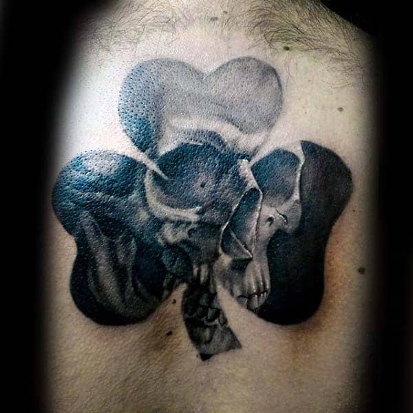 Irish Mens Three Leaf Clover With Skull Back Tattoo