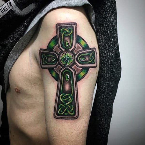 Irish Themed Celtic Cross With Shamrock Mens Upper Arm Tattoo
