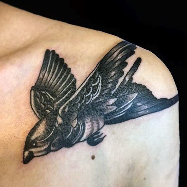 Iron Gray Sparrow In Flight Tattoo Mens Shoulders