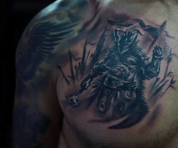 Iron Grey Warrior Tattoo Guys Chest
