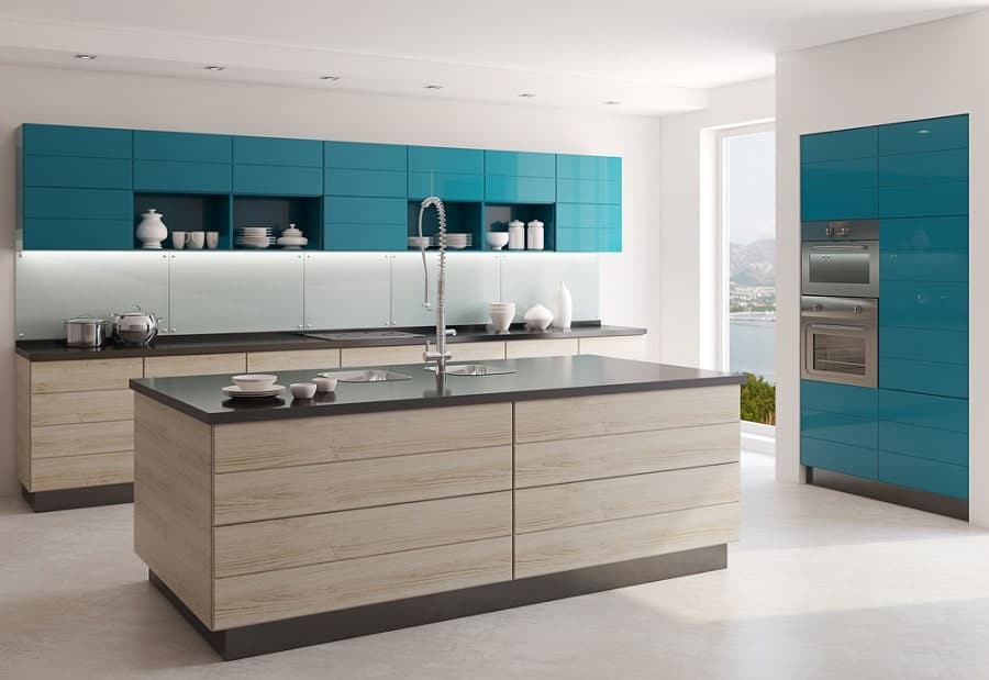blue cabinets wood panel island black countertop concrete floor kitchen 