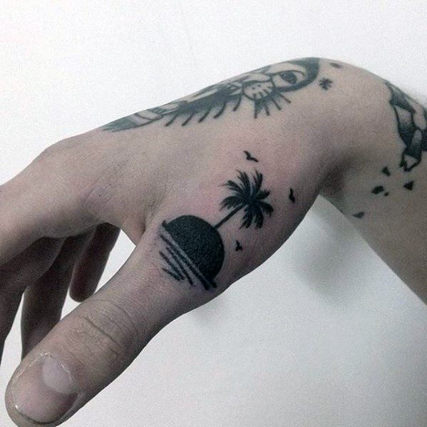 Island With Palm Tree Small Beach Mens Hand Tattoo