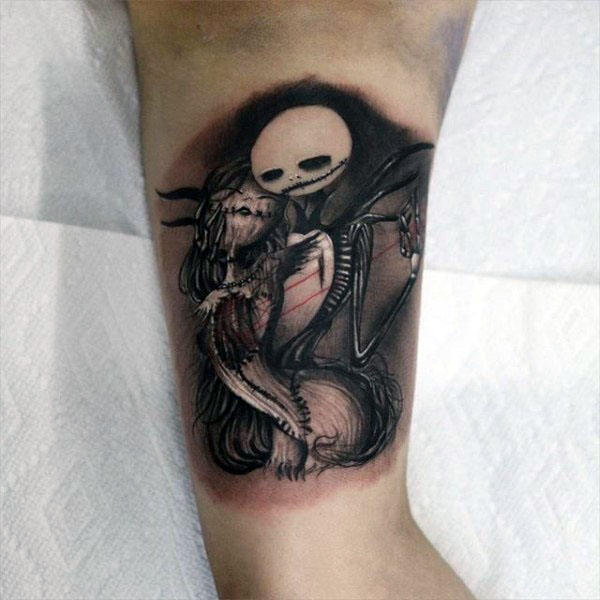 Jack And Sally Guys Quarter Sleeve Night Before Christmas Tattoos With Shaded Ink