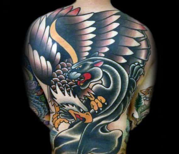 Jaguar Traditional Mens Back Tattoo With Eagle Feather Design