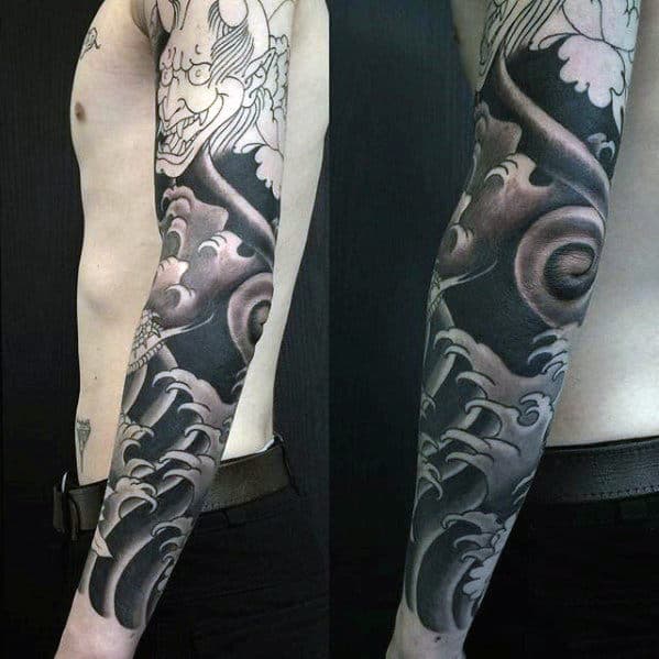 Japanese Awesome Full Arm Guys Ocean Waves Sleeve Tattoo