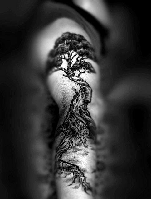 Japanese Black Ink Bonsai Tree Full Arm Sleeve Mens Tattoos