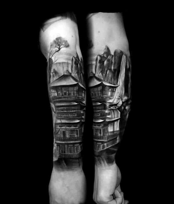 Japanese Building Waterfall Forearm Tattoo On Male