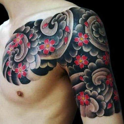 Japanese Cloud Flowers Male Chest Tattoos