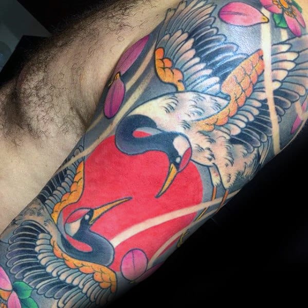 Japanese Crane Mens Half Sleeve Bird Tattoos